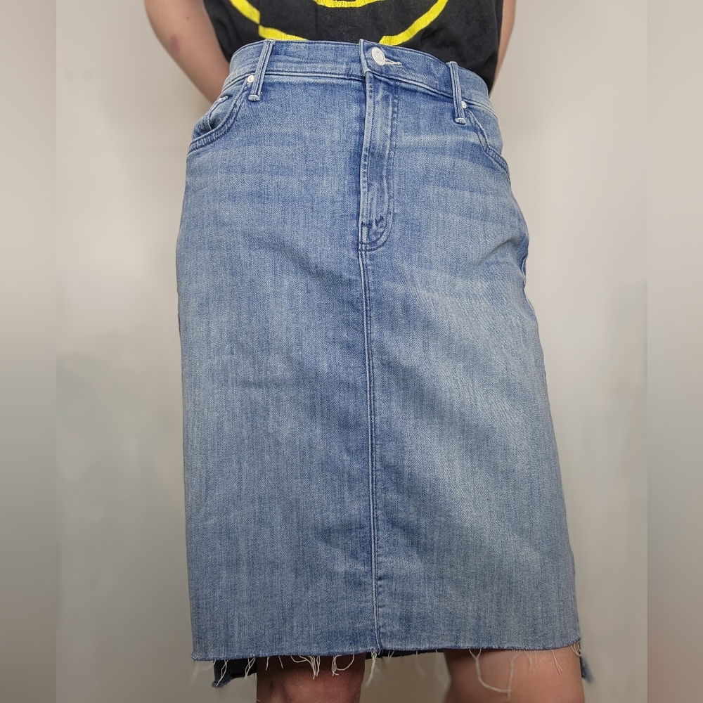 Mother Peg Step Fray Distressed Denim Pencil Skirt Size 30